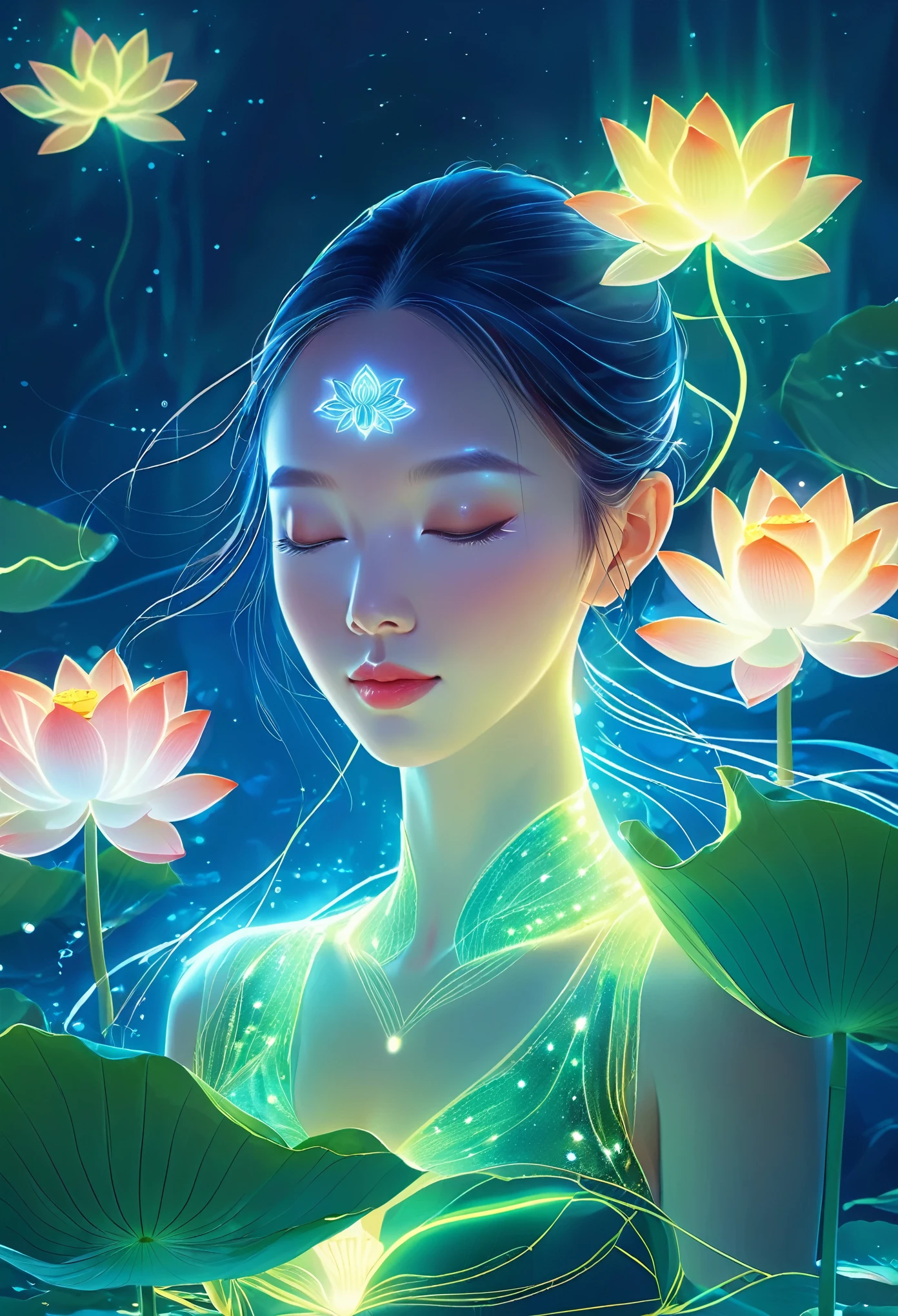 (masterpiece, best quality:1.2), In digital art style, charming illustration,peaceful picture，1 girl, beautiful eyes，tall lotus，alone，body glow，Glowing lines，fluorescence,glow example，Example tracking，flash，萤light particles，Backlight，Translucent，light particles，Correct human anatomy，