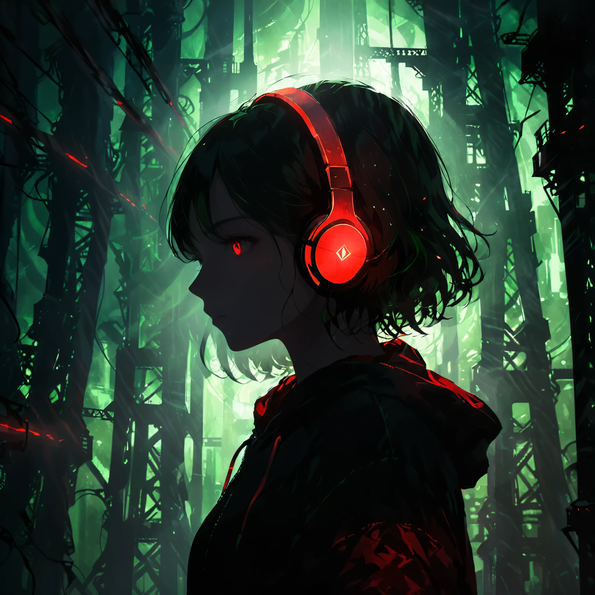 (artist by dorina kostras:1.2),a big iron tower,1girl, slive bobcut,Standing at the top of the tower,solo,from below, headphones, hoodie, silhouette, green theme, low saturation,silhouette，darkness，(Background with rich lines:1.8)，abstract background, detail glow red eyes, (looking the view:1.5),Girl with red eyes,(Dark atmosphere，shadow，Silhouette，Minimalist style，dark，Very strong darkness:1.8)，