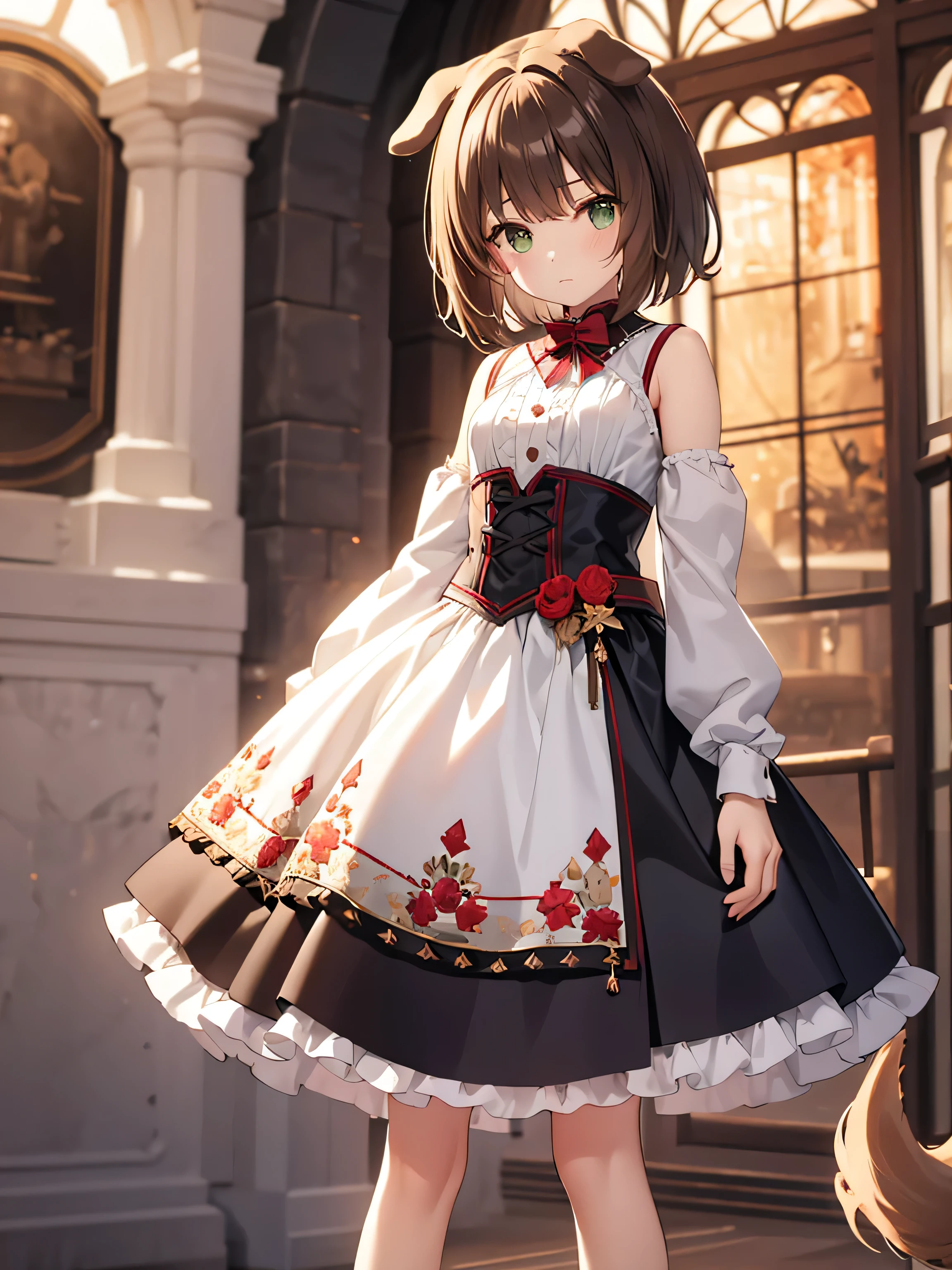 10-year-old girl, one person, Green Eyes, Brown Hair, Dog ears, Dog tail, Short Bob Hair, Small breasts,red and white gothic lolita, mini skirt, Short stature, Expressionless, 32K image quality, Ancient battlefield, Clothes with very detailed embroidery,