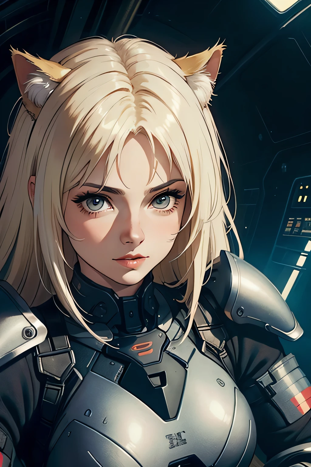 ((highest quality)), ((masterpiece)), (be familiar with), (High definition), 8K, Perfect Face、2Women、Two blonde women with cat ears、((Standing by in the mobile suit&#39;s 2cockpit))、Fearless smile、tall、2 Blonde cat ears、2. Long Hair、2. Volumetric hair style、Large Breasts、Narrow waist、Big Ass、glamorous、Alluring、protector、Armor、combat suit、Combat Boots、Armament、Cinematic、Best Shadow、Side lighting、NEO TOKYO、((cockpit))、(Close-up of face)