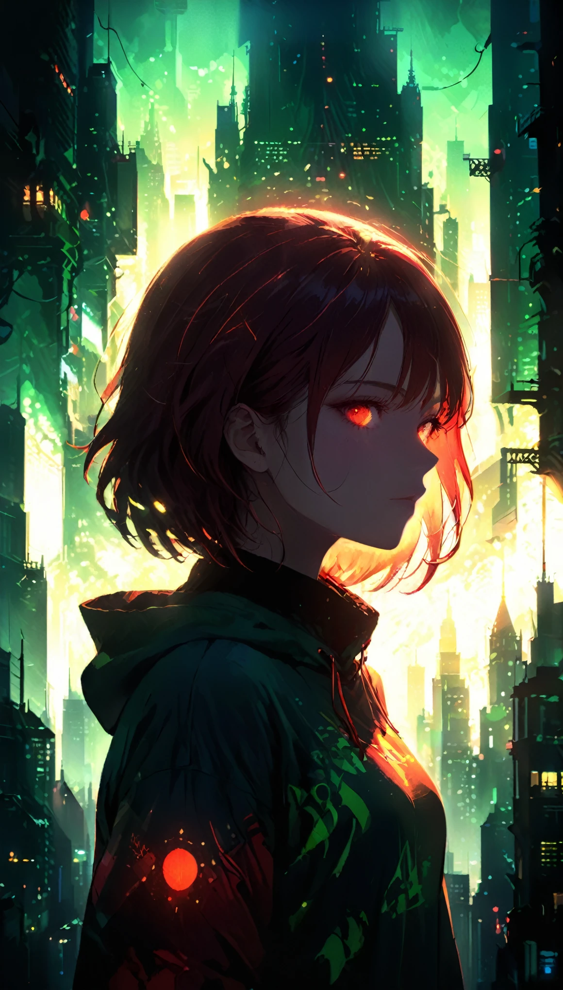 (artist by dorina kostras:1.2),(bright cityscape pattern on clothes:2.4),(wide hood:1.4),a big iron tower,1girl, slive bobcut,Standing at the top of the tower,solo,from below, headphones, hoodie, silhouette, green theme, low saturation,silhouette，darkness，(Background with rich lines:1.8)，abstract background, detail glow red eyes, (looking the view:1.5),Girl with red eyes,(Dark atmosphere，shadow，Silhouette，Minimalist style，dark，Very strong darkness:1.2)，glowneon,