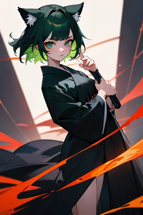 woman、semi-long、black hair on the outside, green hair inside、red spider lily、cat ear、high resolution、8k、kimono、mysterious