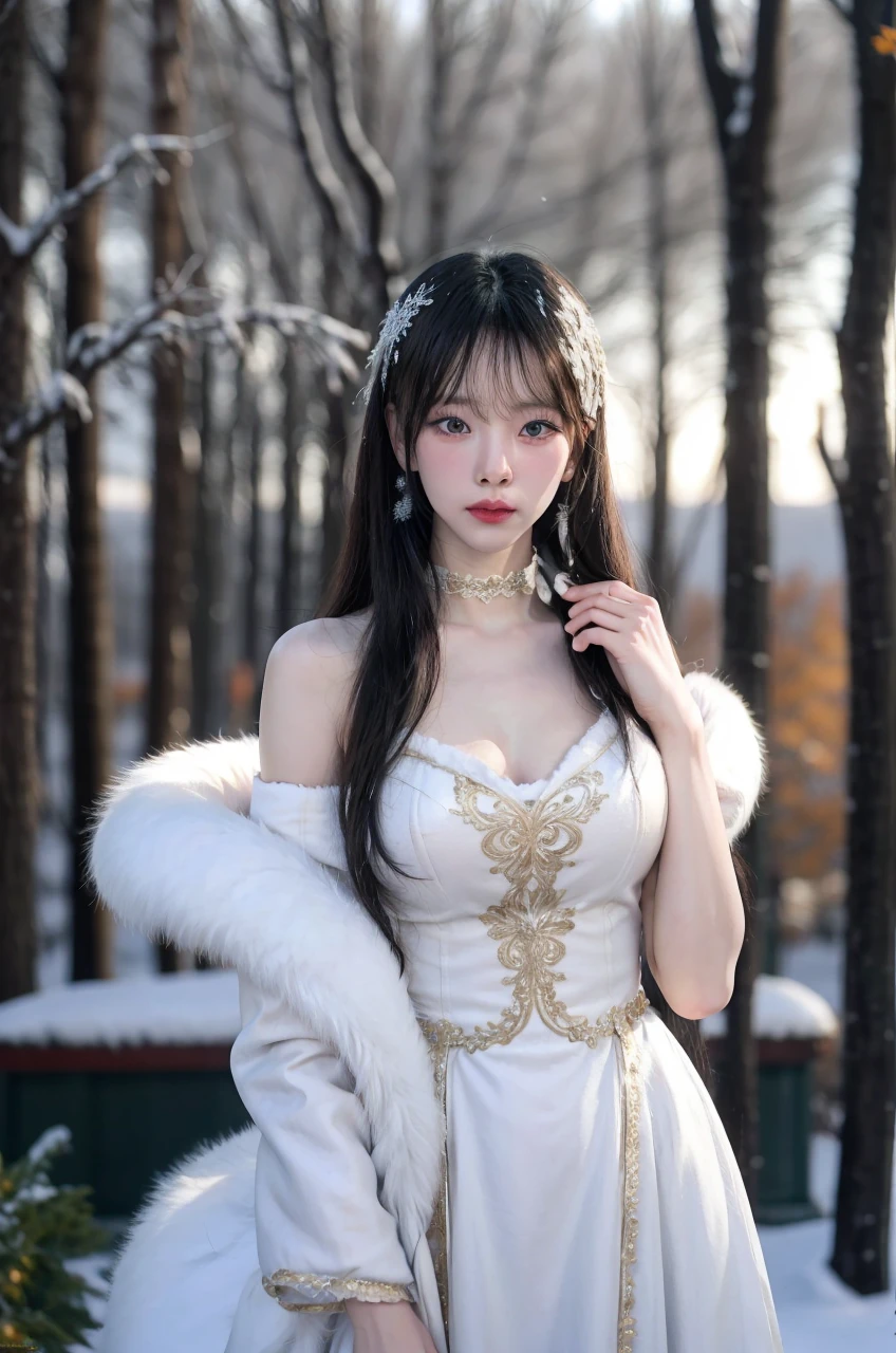 Best quality, 8k, perfect lighting, masterpiece, ultra high res, (photorealistic:1.4), raw photo,1girl, solo, realistic, looking at viewer, upper body, detailed arctic background, winter clothes, dynamic pose, snow, snowflakes, night, aurora sky, detailed oily skin, red lips, closed mouth,