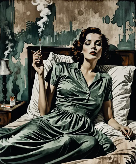  1 woman laying in bed with dramatic smoking pose holding cigarette, grunge painted art illustration, muted colours
