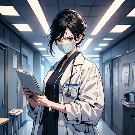 A black hair，50 years old doctor in white doctor uniform，Standing in front of a hospital ward，Case sheet in hand，Angry expressio...