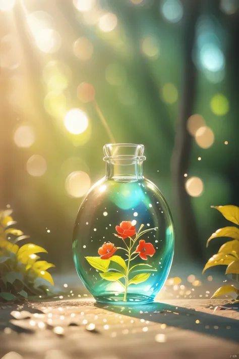 Cherry tree in a bottle, Fluffy, Practical, Atmospheric light refraction, photography：lee jeffries, Nikon d850 film stock photos 4 Kodak portra 400 camera f1.6 guns, Colorful, ultra Practical Practical textures, Dramatic Lighting, Unreal Engine Trends on a...