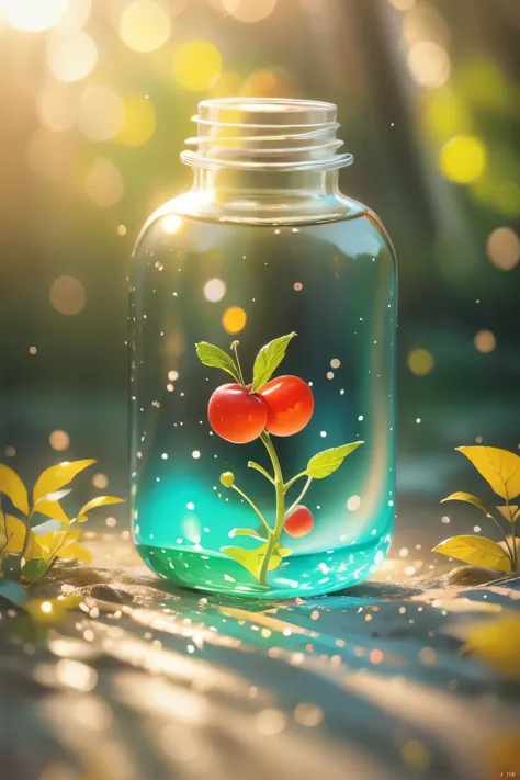 Cherry tree in a bottle, Fluffy, Practical, Atmospheric light refraction, photography：lee jeffries, Nikon d850 film stock photos 4 Kodak portra 400 camera f1.6 guns, Colorful, ultra Practical Practical textures, Dramatic Lighting, Unreal Engine Trends on a...