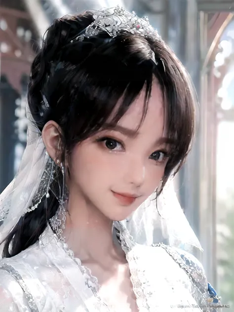 Miss((20 years old)), hair((Black)), Eye((smart Eye, Black)), clothing((White lace, 白色Wedding dress, Wedding dress)), hair bun, ...