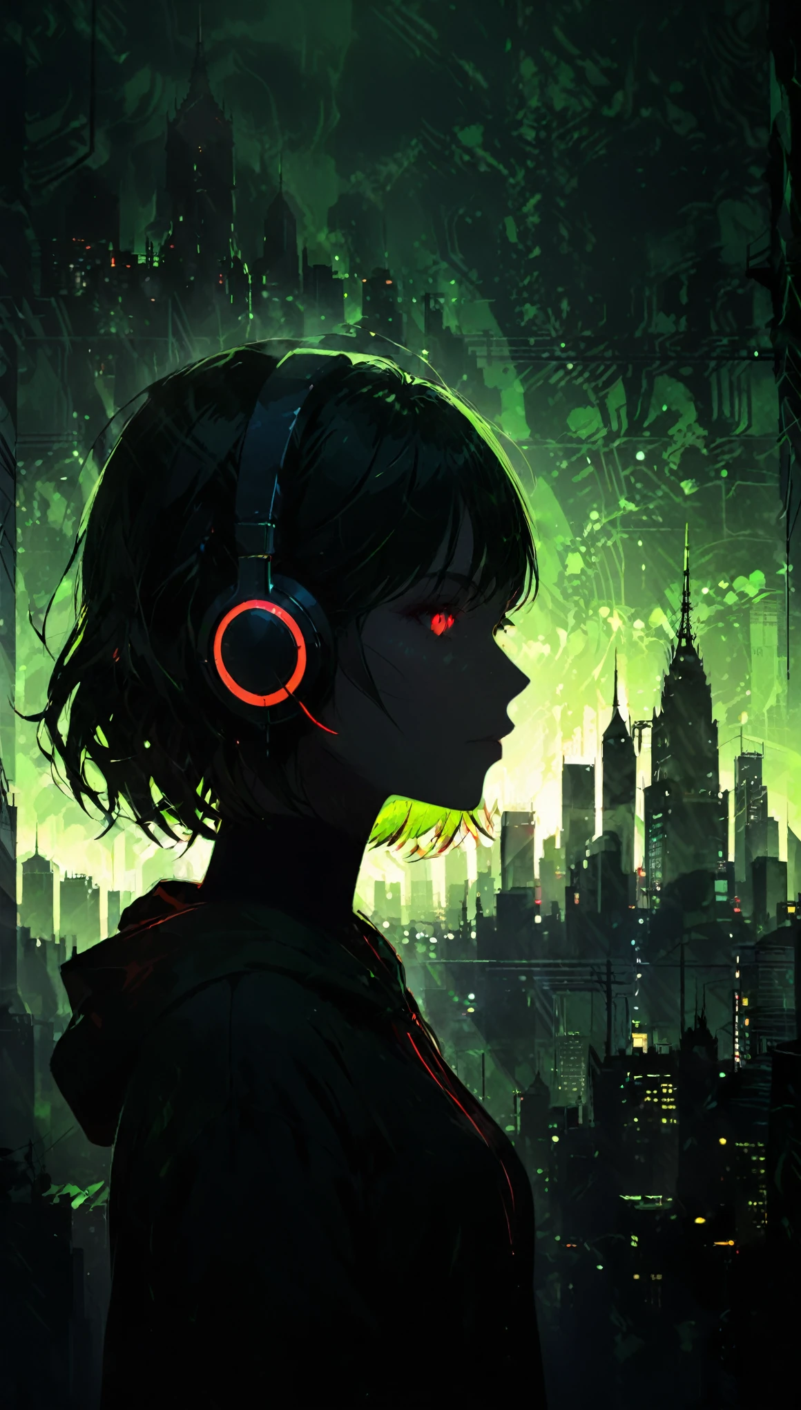 (artist by Florence Broadhurst:1.2),1girl,bob cut,hoodie,headphones,silhouette,
(skyline:1.3),(cityscape:1.4),a big iron tower,Standing at the top of the tower,solo,green theme,low saturation,silhouette,(Background with rich lines:1.8),abstract background,detail glow red eyes,(looking the view:1.5),Girl with red eyes,(Dark atmosphere,shadow,Silhouette,Minimalist style,dark,Very strong darkness:1.8),glowneon,cowboy_shot,(fisheye:1.3)