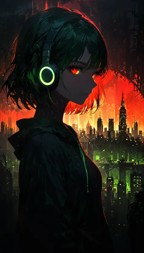 (artist by florence broadhurst:1.2),1girl,bob cut,hoodie,headphones,silhouette,
(skyline:1.3),(cityscape:1.4),a big iron tower,s...