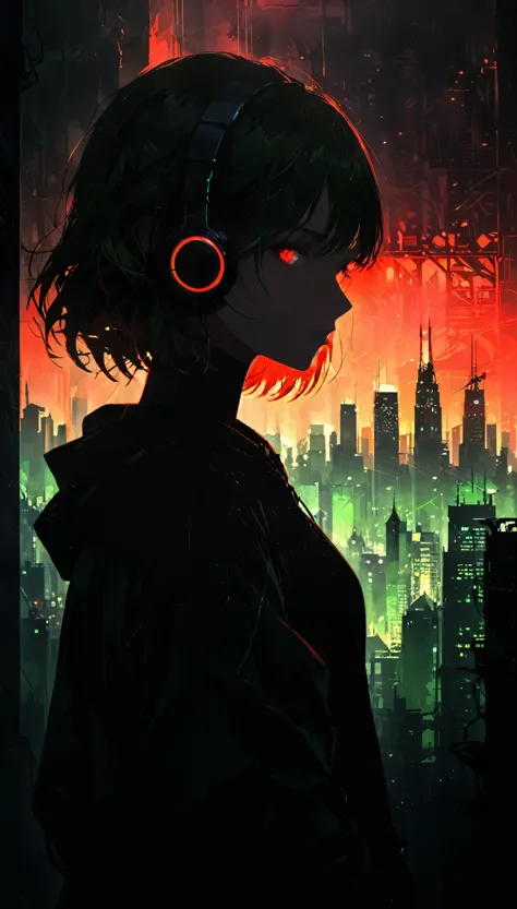 (artist by florence broadhurst:1.2),1girl,bob cut,hoodie,headphones,silhouette,
(skyline:1.3),(cityscape:1.4),a big iron tower,s...