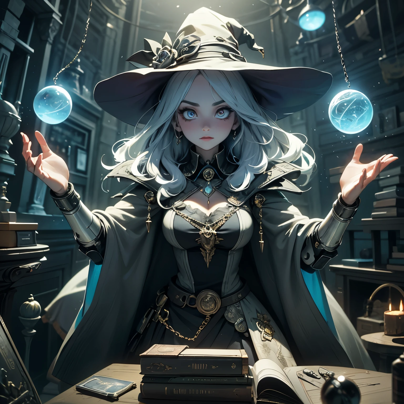 depicts a modern-day witch who has embraced the world of cybernetics to enhance her magical abilities. The artwork should convey the enchanting blend of traditional witchcraft and futuristic technology. Here are some specific elements to include: The Witch's Lair: The setting should be a cozy yet slightly eerie room, filled with magical books, crystal balls, potion ingredients, and antique furnishings. The room should be dimly lit by candles and a soft, mystical glow emanating from her cybernetic enhancements. The Cyborg Witch: The central focus of the artwork is the witch herself. She's a striking figure with a mix of traditional witch attire and cybernetic enhancements. Her clothing should have a witchy, occult aesthetic, with flowing robes, a pointed hat, and an intricate pentagram necklace. Her arms, however, have been upgraded with cybernetic components that incorporate magical symbols and glowing runes. Magical Interface: The witch is in the midst of casting a spell, with a holographic, touch-screen interface floating before her. This interface includes spell incantations, arcane symbols, and digital components, demonstrating her fusion of magic and technology. Spell Ingredients: On a nearby table, there should be a collection of spell ingredients, like herbs, potions, and magical artifacts. Some of these items may have been modified with cybernetic enhancements, blurring the line between the natural and the technological. Familiar: The witch's familiar, perhaps a cat or raven, should be present in the scene, serving as her magical companion. The familiar could also have subtle cybernetic enhancements or glowing eyes. Glowing Runes: The room should be adorned with ancient symbols and glowing runes on the walls and floor, contributing to the magical atmosphere. Aetherial Lighting: Use a combination of mystical, ethereal lighting and cybernetic glows to create a captivating interplay of light and shadow. The contrast between the tradit