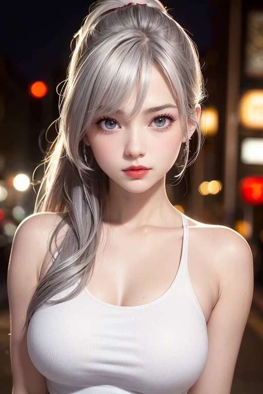 Urban beautiful girl college student, masterpiece, light makeup, red lips, silver hair, messy long hair, street background, beautiful, elegant. super fine details, master works, authentic texture, cinematic lighting realism, perfect job, 16K, hd, exquisite features,blue eyes、japanese idol、Beautiful Face、cute smile、brown hair、beautiful hair、ponytail、glamorous、perfect breasts、erect nipples、Oily muscle、shiny skin、white skin, glowing skin, bright big eyes, smooth skin, super sexy  tank top, thin tank top 