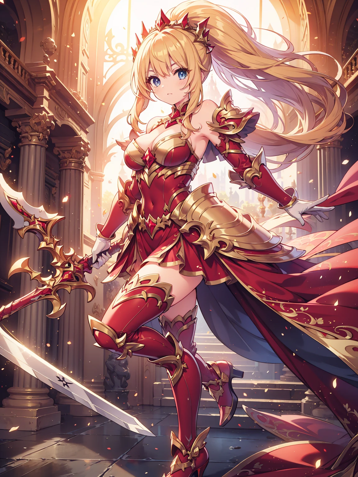 masterpiece, best quality, high resolution, extremely detailed CG, absurdres, full body, 1girl, solo, a girl in armor and a crown holding a large sword, white armor, golden decoration, red_outfit, off-shoulder, thighhighs, long hair, ponytail, blond hair, leg armor, cleavage, crown, gloves, armor, white gloves, high heels, off-shoulder armor, >:)