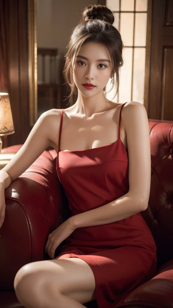 (best quality,highres,masterpiece:1.2),ultra-detailed,portrait,Abigail,beautiful lady,charming,charismatic,high bun hairstyle,bar,wineglass,relaxing,embodying elegance,atmosphere,movie lighting,sharp focus,intricate details,expression of beauty,luxurious ambiance,vintage decor,sophisticated,stylish attire,dark red dress,elegant gesture,sitting in a cozy corner,enjoying a glass of wine,completing the serene scene,vivid colors,soft and warm color palette,subtle lighting effects,illuminating her features,creating an enchanting aura