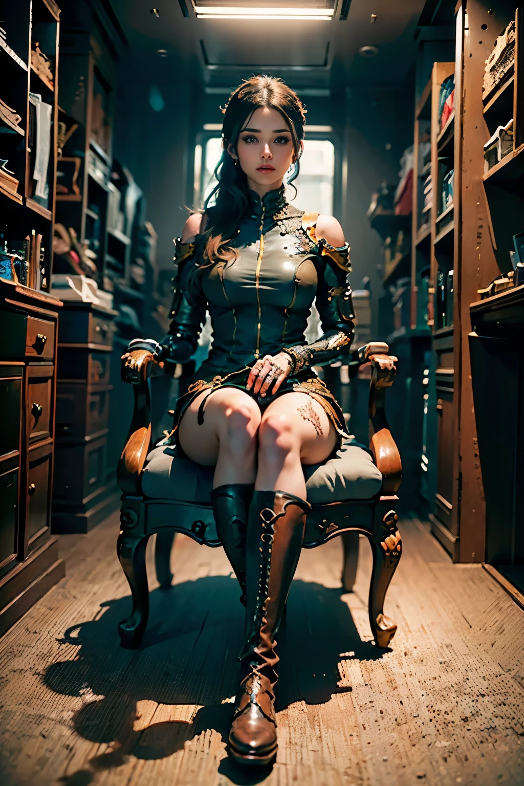 (best quality, 4k, 8k, highres, masterpiece:1.2), ultra-detailed, (realistic, photorealistic, photo-realistic:1.37), office in a skyscraper in a big city, female cyborg, beautiful detailed eyes, beautiful detailed lips, beautiful detailed face, extremely detailed eyes, extremely detailed face, long eyelashes, sits with her feet up in a luxurious chair, heavy mens boots, high quality,  absurdity, masterpiece, beautiful, complex parts,1/2 body trimmings, slender body, beautiful figure, magnificent anatomy, complex parts:1.12, HDR, complex parts:1.15, natural skin textures, hyperrealistic, soft light, spicy:1.2