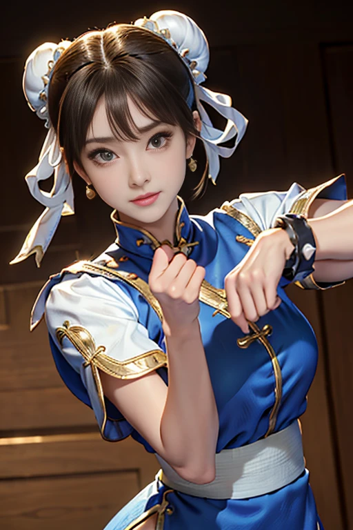 Chun-Li de Street Fight II,Le costume Chun-Li parfait,Robe chinoise bleue avec lignes dorées,Chignon,Bonne couverture,pose de combat,chef-d&#39;œuvre、1 belle fille、Beaux yeux、yeux gonflés、la plus haute qualité, 超haute résolution, (réalité: 1.4), Éclairage de cinéma、Japonais、Beauté asiatique、coréen、si beau、belle peau、corps tourné vers l&#39;avant、Gros plan du visage、(超réalité的な)、(haute résolution)、(8k)、(très détaillé)、(美しくBeaux yeux)、(très détaillé)、 (mur-)、Visage détaillé、éclairage lumineux、Éclairage professionnel、En regardant le public、Regardez droit devant、frange diagonale、Idole Nogizaka、coréen Idolasterpiece, la plus haute qualité, chef-d&#39;œuvre, la plus haute qualité, visage parfait, yeux marron parfaits avec sclère blanche, Mauvais coup -5, seul, 1 fille, Haut du corps, cheveux bruns, À partir de SF2, Services en langue chinoise, sourire, Femme musclée, vêtements bleus, collants, rideau pelvien, Manches courtes bouffantes, Bonne couverture, ceinture, évaluation:sécurité