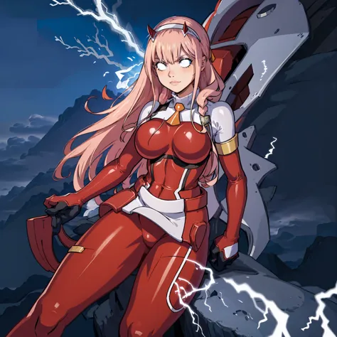 masterpiece, best quality, incrslowtier, electricity, glowing eyes zerotwo horns, hairband, necktie, red dress, pantyhose horns,...