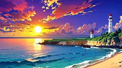 Farol  com linhas brancas e vermelhas em uma pequena ilha no mar, com um lindo por do sol, lighthouse located in the third part ...