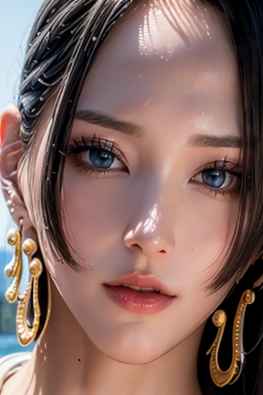 Ultra-realistic 8K CG, masterpiece, ((Very detailed背景, Delicate pattern, Intricate details, Very detailed, Top quality with attention to detail, Ultra detailed face)), (Realistic:1.4),Beautiful lighting, Absurd, RAW Photos, Ultra-realistic 8K CG, masterpiece, ((Very detailed背景, Delicate pattern, Intricate details, Very detailed, Top quality with attention to detail, Ultra detailed face)), (Realistic:1.4),Beautiful lighting, Absurd, RAW Photos, Film Grain, BoaHancockV2, One girl, alone, Black Hair, Long Hair, jewelry, Mouth closed, (((Medium chest, Slim girl))), (White T-shirt,Simple T-shirt, Iris, Earrings, Complex and detailed background, blue sky, Grass, wood, rock, Ocean, natural environment, outside), ((close, Portraiture)),