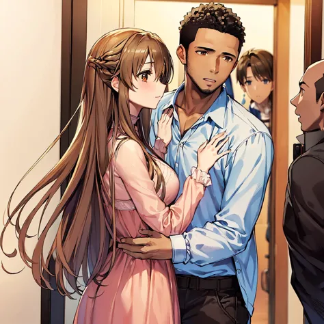 ((highest quality)), ((masterpiece)), perfect face、((yuuki asuna))、brown hair、((black man and woman standing close together))、((...