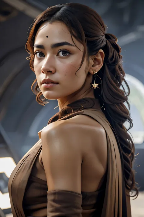 realistic woman, brun cheveux (1.1:1), cosplay star wars, solo, captivating body language, official art, unified 4k wallpaper, s...