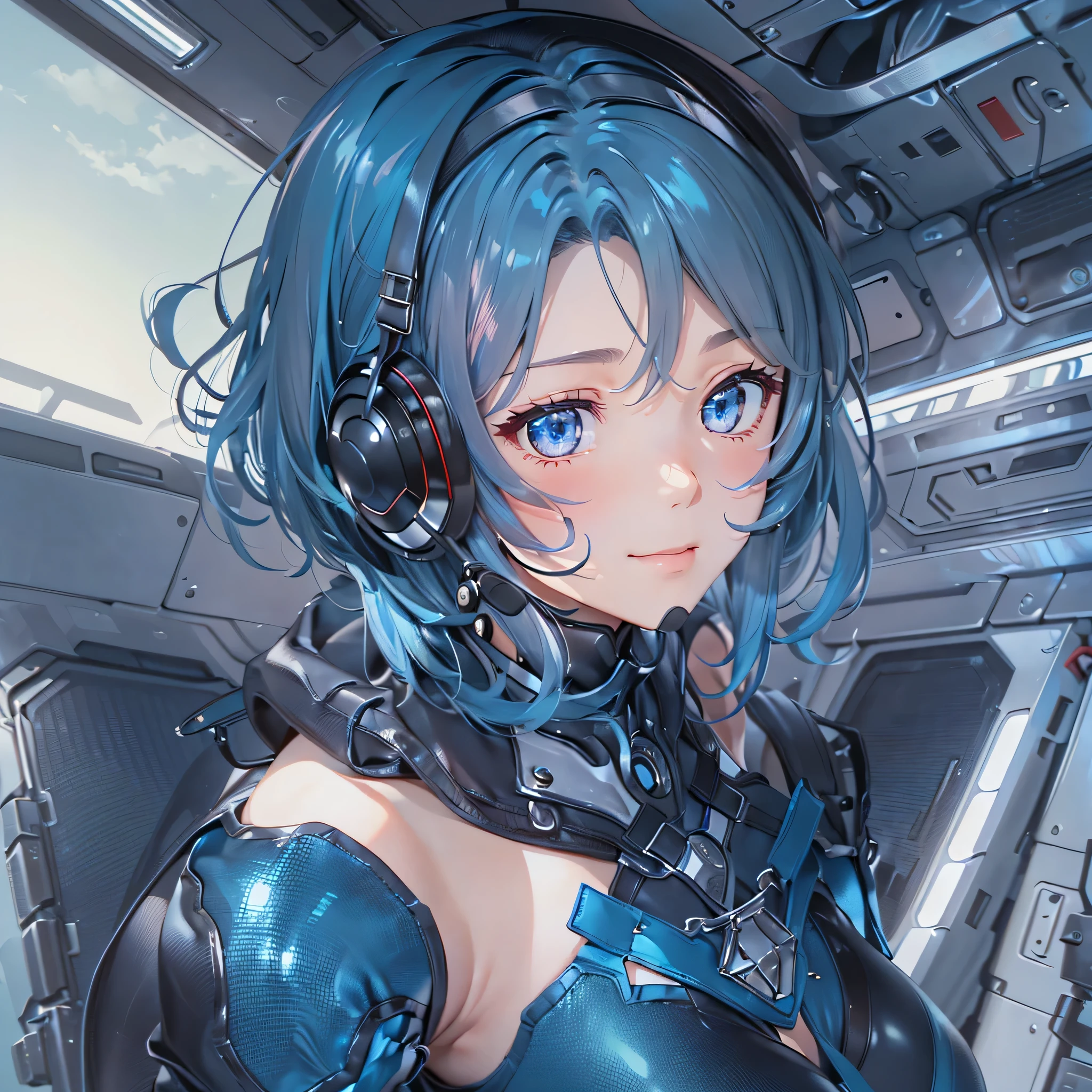 (masterpiece、highest quality、Highest Resolution、Clear_image、Detailed details、Angle from above): (Whole body、One 20 year old girl、Japanese Faces、Small Face、Slender、Navy blue super short bob cut hair、(Hidden small breasts:1.3)、Sparkling blue eyes、Shiny pilot suit in blue and black colors、Chest protection armor、Tight fitting clothes、Clothing that covers the whole body、Glamorous clothes、Tight Fit Pants、Hide your skin、Very delicate and beautiful、Detailed Skin、hide thighs、Hide your ass、Cute、A gentle smile、Soft expression、heroine、headset、Knee-high boots、Elbow-length gloves、Eye Level Shot、Face directly、Woman on a spaceship)