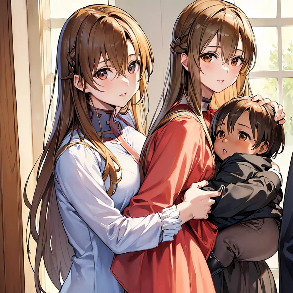 ((highest quality)), ((masterpiece)), Perfect Face、((Yuuki Asuna))、Brown Hair、((A woman holds a black baby))、Black man and woman standing close together、Black man fondling woman&#39;s breasts、Woman pregnant with black boy、（Breastfeeding）、Black men have dark skin and strong bodies