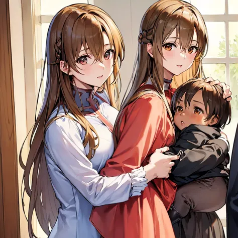 ((highest quality)), ((masterpiece)), Perfect Face、((Yuuki Asuna))、Brown Hair、((A woman holds a black baby))、Black man and woman...