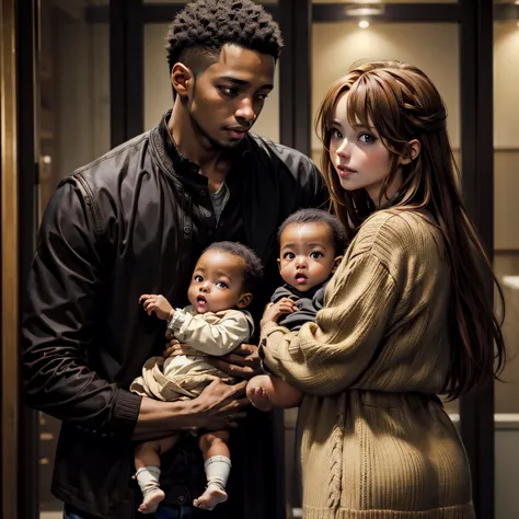 ((highest quality)), ((masterpiece)), perfect face、((yuuki asuna))、brown hair、((a woman holds a black baby))、black man and woman...