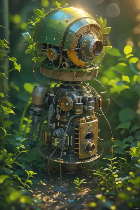 (La best quality,high resolution,Ultra Detailed,Practical),Old abandoned robot，covered in plants，The sun shines on me（ （（sunrise））），Light warm color（ （（A masterpiece full of sunshine elements）））， （（best quality））， （（Intricate details））（8k）