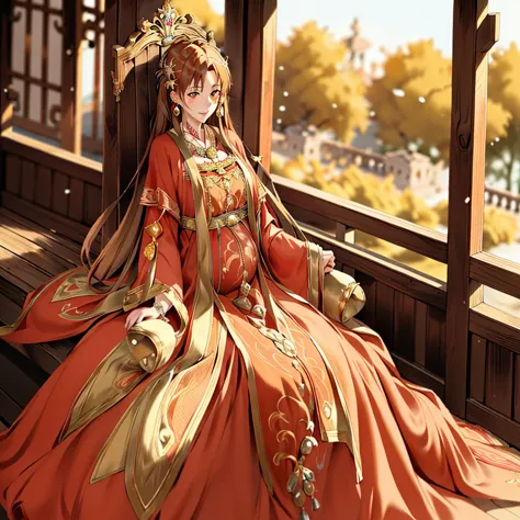 ((highest quality)), ((masterpiece)), (detailed), Perfect Face、Yuuki Asuna、Brown Hair、Hanfu、Gorgeous embroidery、cuddling with a ...