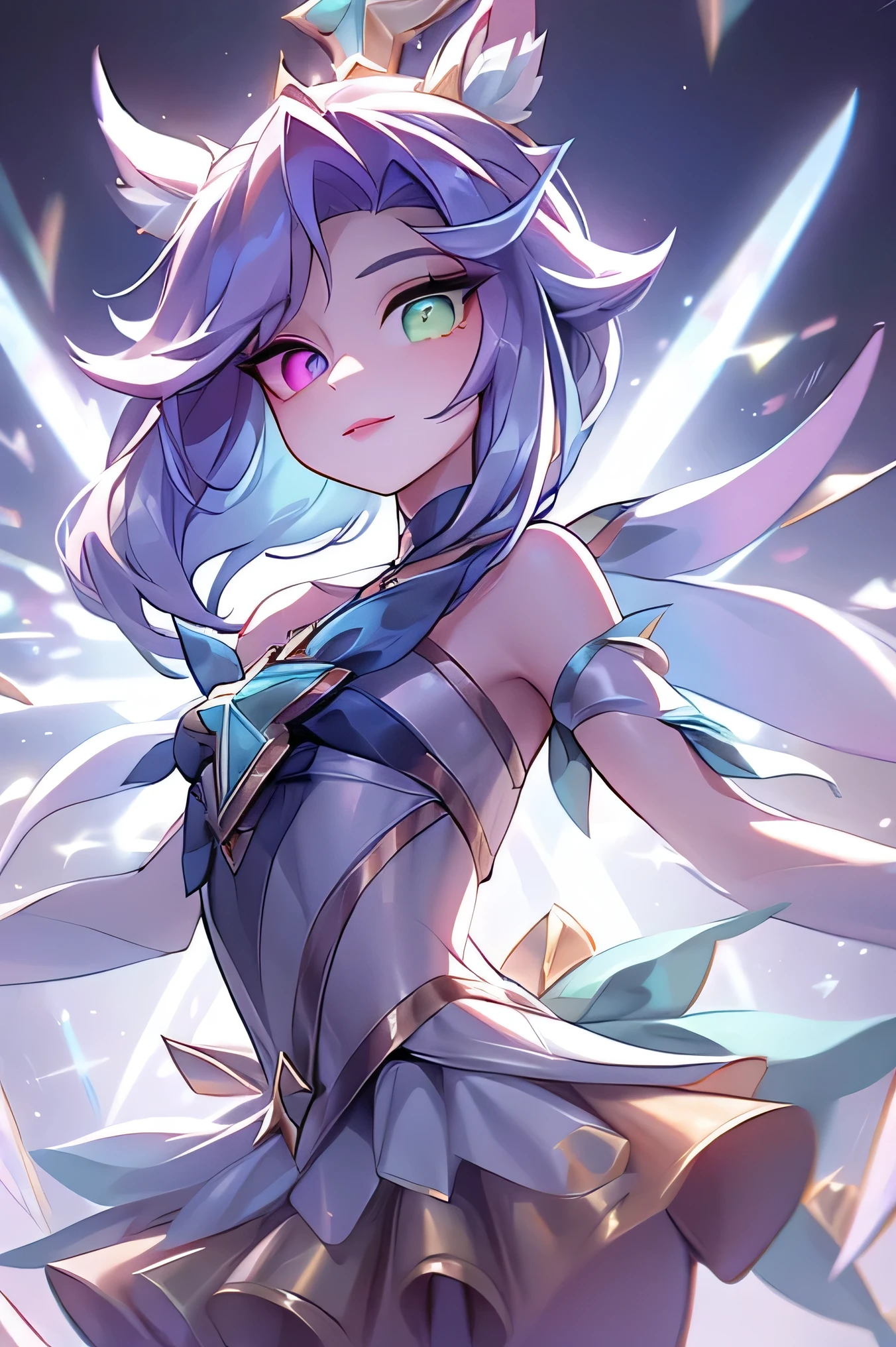 ((mejor calidad)), ((Obra maestra)), (detallado), cuerpo completo, cuerpo completo, de frente al espectador, cara perfecta, cabello morado, star guardian, pelo corto cian, heterochromia, ojos morados y cyan, sparkly ojos morados, long eyelashes, pelaje azul cian, orejas de gato azul cian, dulce sonrisa, chica magica. cabello morado y cian, long eyelashes, Solid circle eyes, orejas de gato falsas, sonrisa ligera, rubor de oreja, cabello degradado, heterochromia, 8k, super detail, mejor calidad, Obra maestra, anatomically correct, detalles altos, high resolution