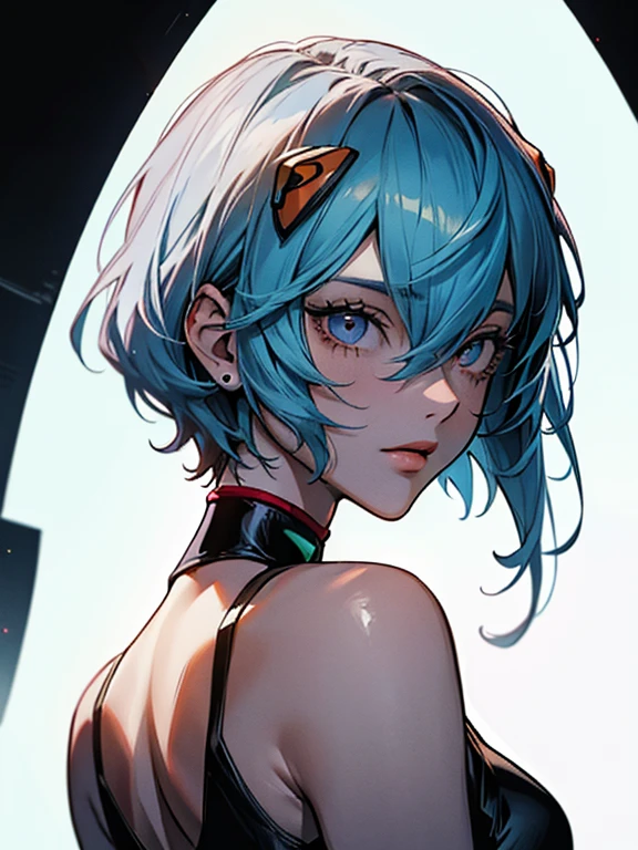 (Obra maestra), mejor calidad, ojos expresivos, cara perfecta, 1 chica, solo, Rei Ayanami, auriculares de interfaz, mono blanco, de pie, pose rudo, fondo de laboratorio, parte superior del cuerpo, retrato, from behind