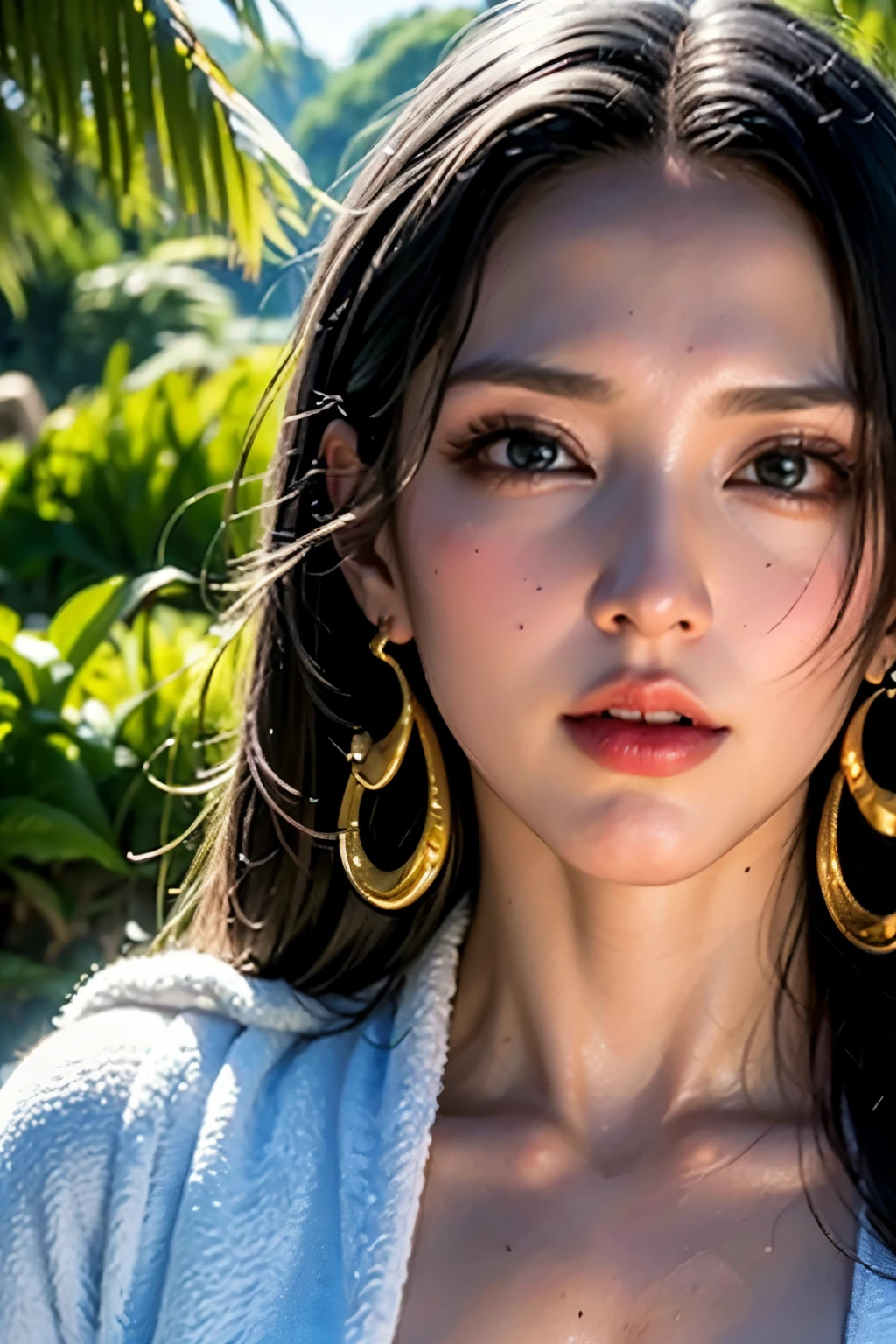 (masterpiece), (highest quality), (Realistic), Nikon RAW Photos, Fujifilm XT3,  (detailed, A 21-year-old young female captain, Big eyes, snake gold earrings, avert your eyes), Sensual, (ultra detailed), 8k, 4K, Complex, upper_body, detailed_face, Best lighting, 屋outside, compensate, Bleach Background, Low rise,(masterpiece, highest quality:1.4), (face focus:1.5), outside, (Close to the sea), One girl, alone, Hancock 1, One girl, Boa Hancock, Big Breasts, Cleavage, Long Hair, Epaulettes, Cape, (white Cape:1), Crop top, Long sleeve, Side slits, (Young European Woman:1), View your viewers, 美しい笑face, beautiful face, highly detailed face, highly detailed eyes, subsurface scattering, Realistic pupils, full face blush, Fuller lips, detailed background, Depth of written boundary, Volumetric lighting, Sharp focus, Absurd, Realistic proportions, (Realistic, hyperRealistic:1.4), 16K HDR
