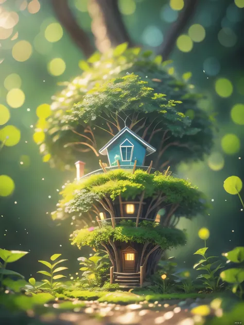 House built from trees，exist，So many elves（（best quality））， （（Intricate details））， （（Surrealism））（8k）
