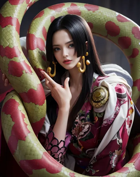 （（（masterpiece+highest quality+High resolution+Hyper Detail））），Boa Hancock，snake，long, silky black hair，High nose bridge，Sharp E...