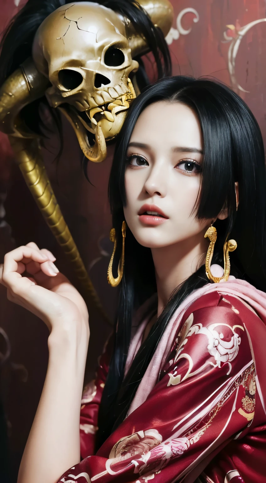 (((masterpiece+highest quality+High resolution+Very detailed))), Boa Hancock, long, silky black hair, High nose, Sharp eyes, A noble and inviolable character, (([woman]: 1.2 + [beauty]: 1.2 + Long black hair: 1.2)), skull_snake background, Bright Eyes, Dynamic angles and postures, wallpaper.