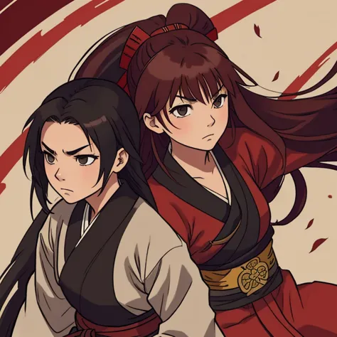Samurai girl with long hair color between brown and red, heartbroken over a breakup from a short black haired ninja boy 
