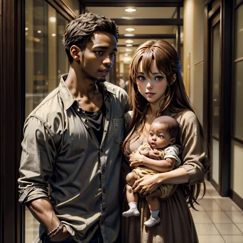 ((highest quality)), ((masterpiece)), Perfect Face、((Yuuki Asuna))、Brown Hair、((A woman holds a black baby))、Black man and woman...
