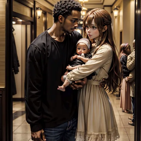 ((highest quality)), ((masterpiece)), Perfect Face、((Yuuki Asuna))、Brown Hair、((A woman holds a black baby))、Black man and woman...