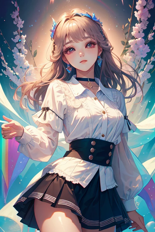 1girl, buttoned shirt, skirt, Choker, cute little, (Kpop Idle), (attractiveness:1), ((Puffy eyes)), tenderness, Irridescent color, Rainbow, edgCrystal, pose, full shot, (Highly detailed), (high resolution), (masterpiece)

