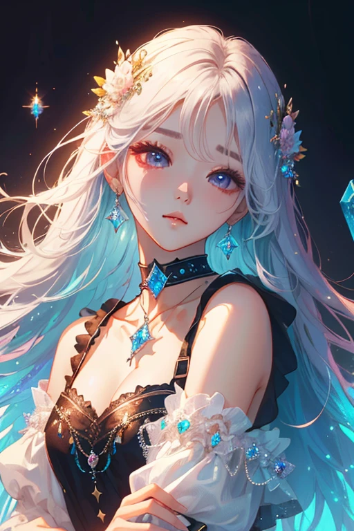 1girl, Choker, cute little, (Kpop Idle), (attractiveness:1), ((Puffy eyes)), tenderness, Irridescent color, Rainbow, edgCrystal, pose, full shot, (Highly detailed), (high resolution), (masterpiece)

