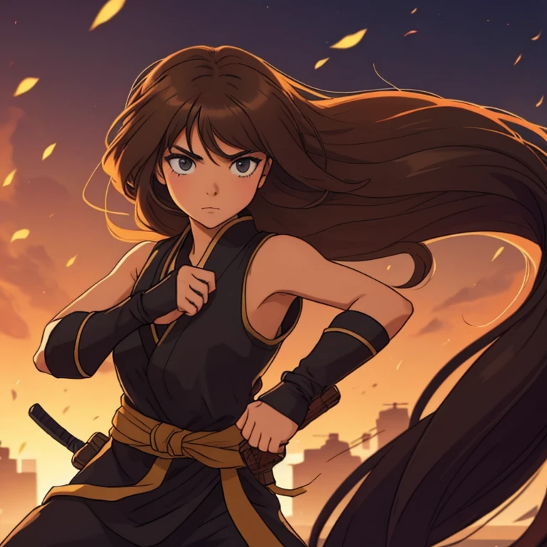 Girl with long hair color between brown and light fighting against the love of her life, un ninja de pelo negro corto 