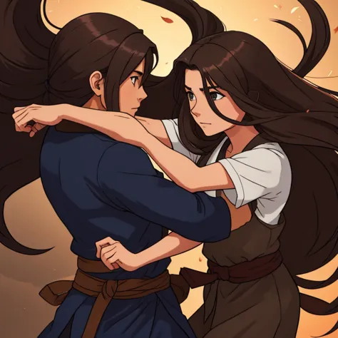 Girl with long hair color between brown and light fighting against the love of her life, un ninja de pelo negro corto 
