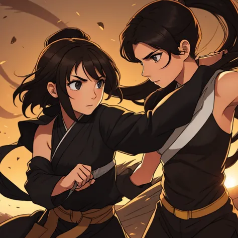 Girl with long brown to light hair fighting a ninja with short black hair, hay amor en el aire