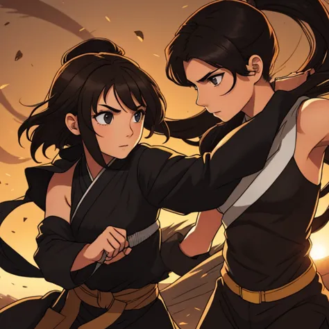 girl with long brown to light hair fighting a ninja with short black hair, hay amor en el aire