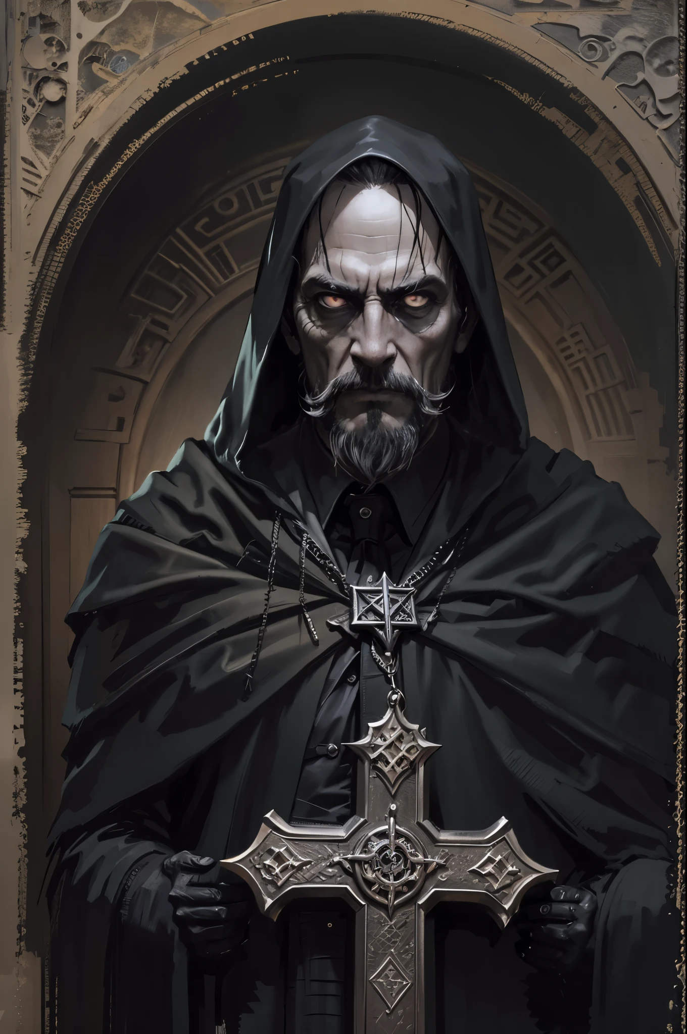 portrait of a mature man 50 years old, With the Cross, готическое Face, gothic horror atmosphere, ominous gothic aesthetics, gloomy black eyes, Small, clearly defined beard and mustache., round sunglasses, gothic art style, creepy gothic portrait, with black eyes, dark fantasy, mixed with realism, gothic aesthetics, God of death, Dark and scary style, with black scleral eyes,  Face. Realistic black leather.