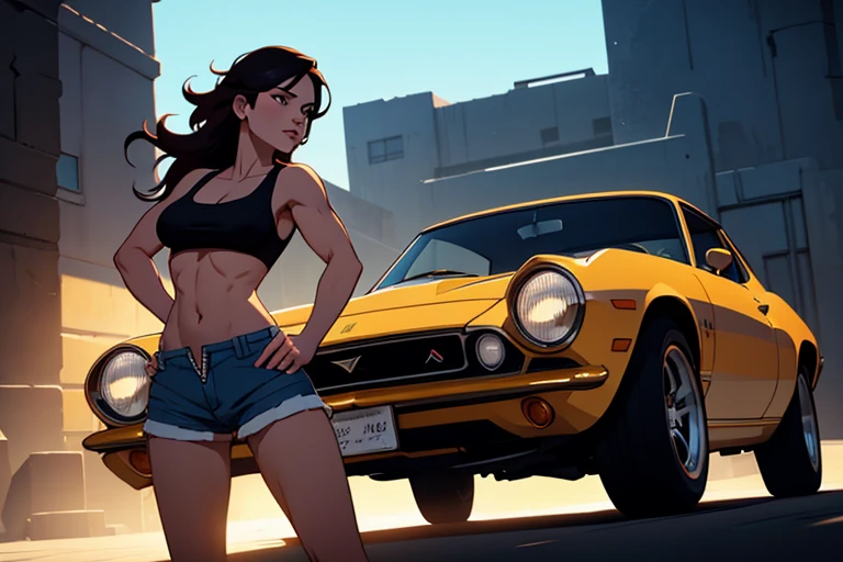 Masterpiece, digital artwork, a gorgeous sexy babe in tanktop and shorts next to a sportscar, shorts unzipped, hot pants, underboob, badass, classic musclecar, dynamic pose, dynamic lighting, shadows, high contrast, bright colors, highly detailed, dynamic volumetric lighting, intricately detailed,art by Jackie Droujko, Thomas w Schaller, Sylvain Sarrailh,