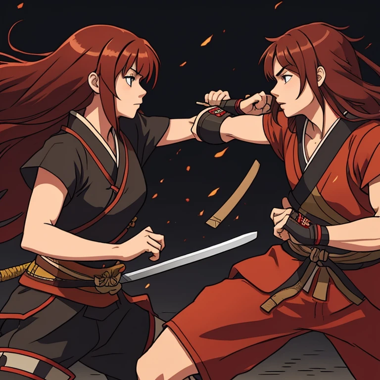 Garota samurai com longos cabelos castanhos e ruivos lutando contra um garoto com cabelo preto curto